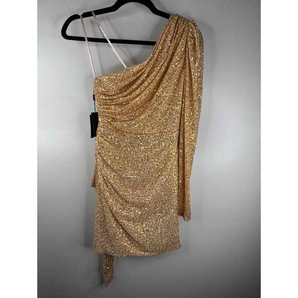 Mac Duggal 26977 Sequined One Shoulder Gold Mini Cocktail Dress Size 6 NWT $398 - Picture 5 of 6